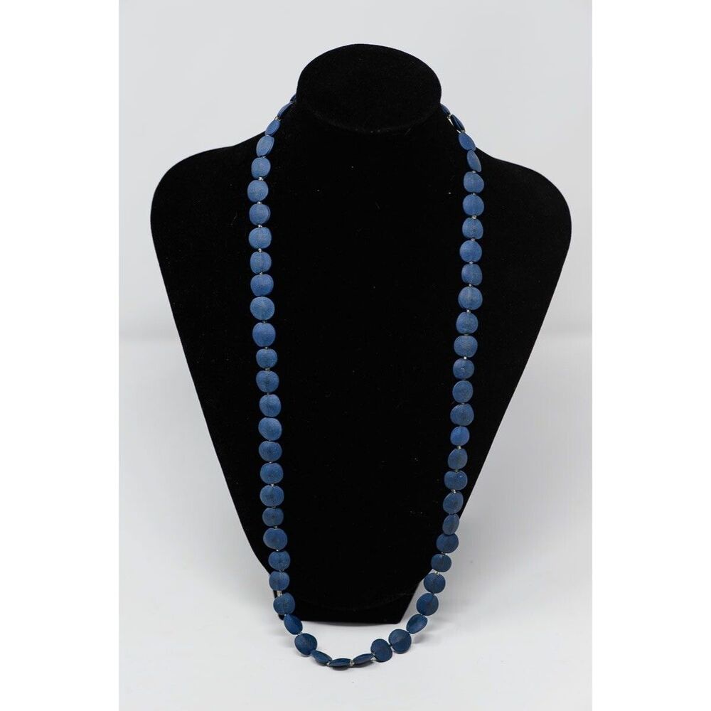 Blue Clay Bead Necklace 26" artisan handmade artsy Vintage